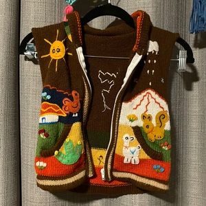 thrifted handmade zip up sweater vest with hood.